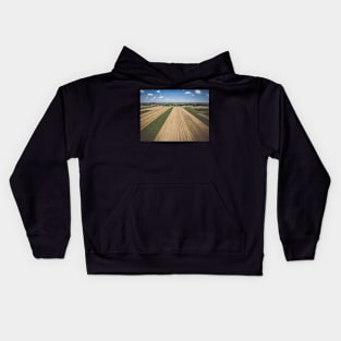 Aerial view of round hay bales on stubble under blue cloudy sky Kids Hoodie